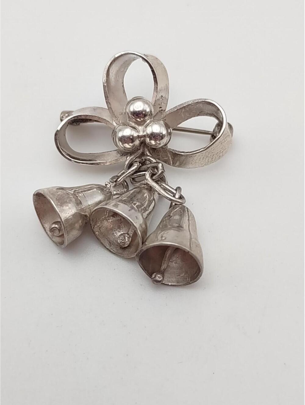 Vintage Taxco 925 Christmas Bow Bells Brooch TH-46